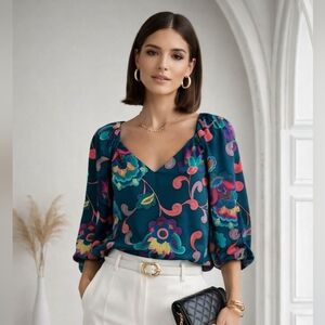 Trina Turk Floral Satin Blouse, Size Small, NWT